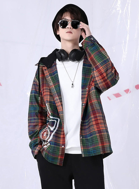 XXGOGO 炫彩小方格猫咪英文印花可脱卸帽宽松夹克 男女同款