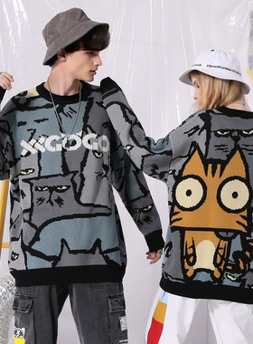 XXGOGO秋冬撞色小猫logo提货宽松落肩袖毛衣男女同款灰蓝色情侣装