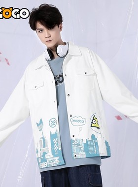 XXGOGO秋炫彩图案卡通印花多口袋翻领宽松工装夹克男女同款情侣装