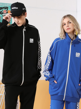 XXGOGO春秋季棋盘格字母印花插肩袖立领纯棉夹克男女同款外套情侣