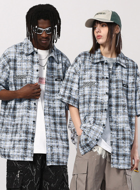 GENANX闪电潮牌新款灰蓝色格纹创意图案字母印花绣花情侣短袖衬衫