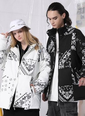 XXGOGO冬季猫咪腰果花印花绗缝拉链落肩袖宽松棉服男女同款情侣装