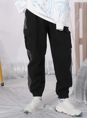 XXGOGO春秋季街头工装风侧条纹多口袋加绒束脚休闲运动裤男女同款