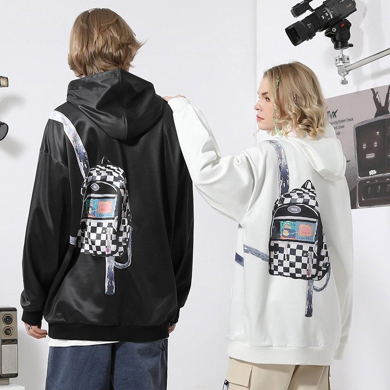 TVX春秋季棋盘格双肩包印花袋鼠兜太空棉加绒连帽卫衣男女同款