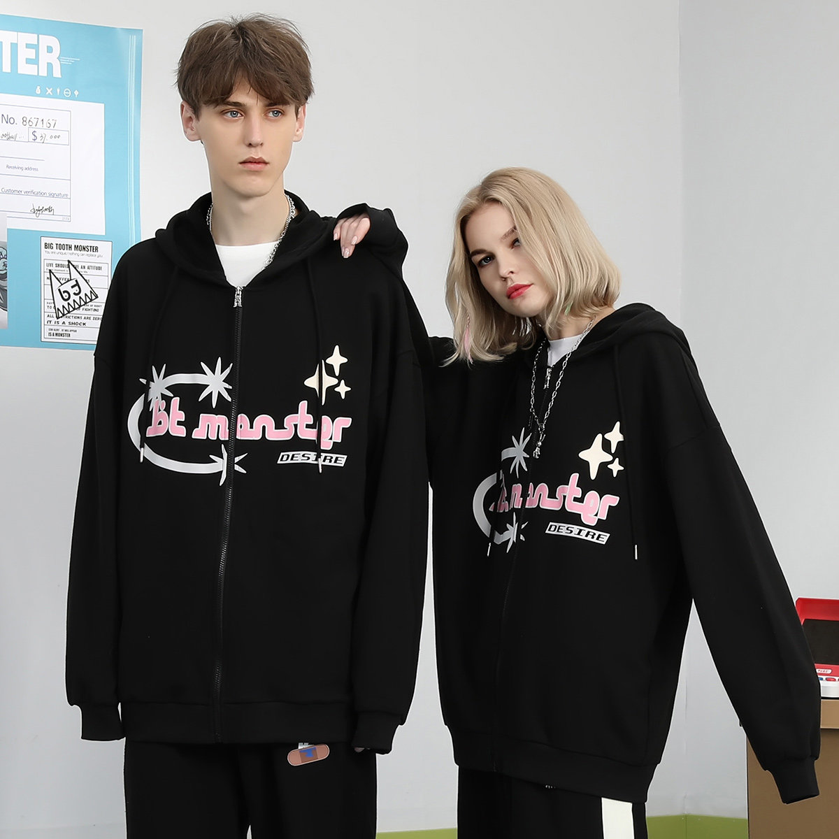 bt春秋季宇宙星河飞船字母印花连帽纯棉宽松夹克外套男女同款黑色