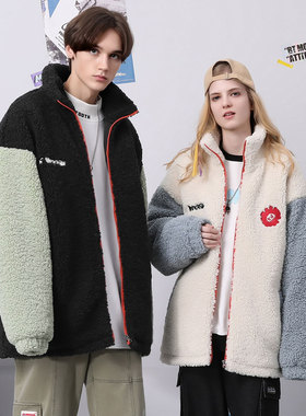 bt冬季撞色拼接落肩卡通立领宽松涂鸦绣花羊羔绒棉服男女同款棉衣