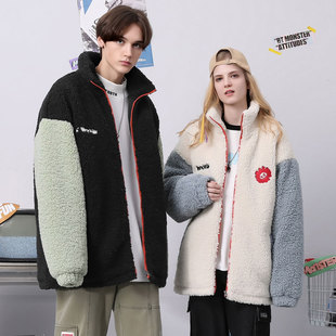 bt冬季 棉衣 撞色拼接落肩卡通立领宽松涂鸦绣花羊羔绒棉服男女同款