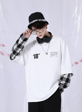 XXGOGO春秋季撞色拼接纯棉宽松英文猫咪印花卡通圆领卫衣男女同款