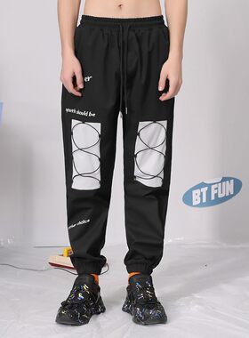bt春秋季拼色字母印花太空棉宽松系带束脚休闲裤男女同款长裤子