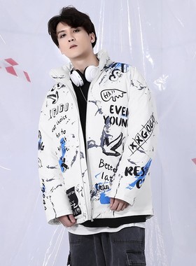 XXGOGO冬季保暖英文图案涂鸦印花宽松立领羽绒服男女同款外套白色