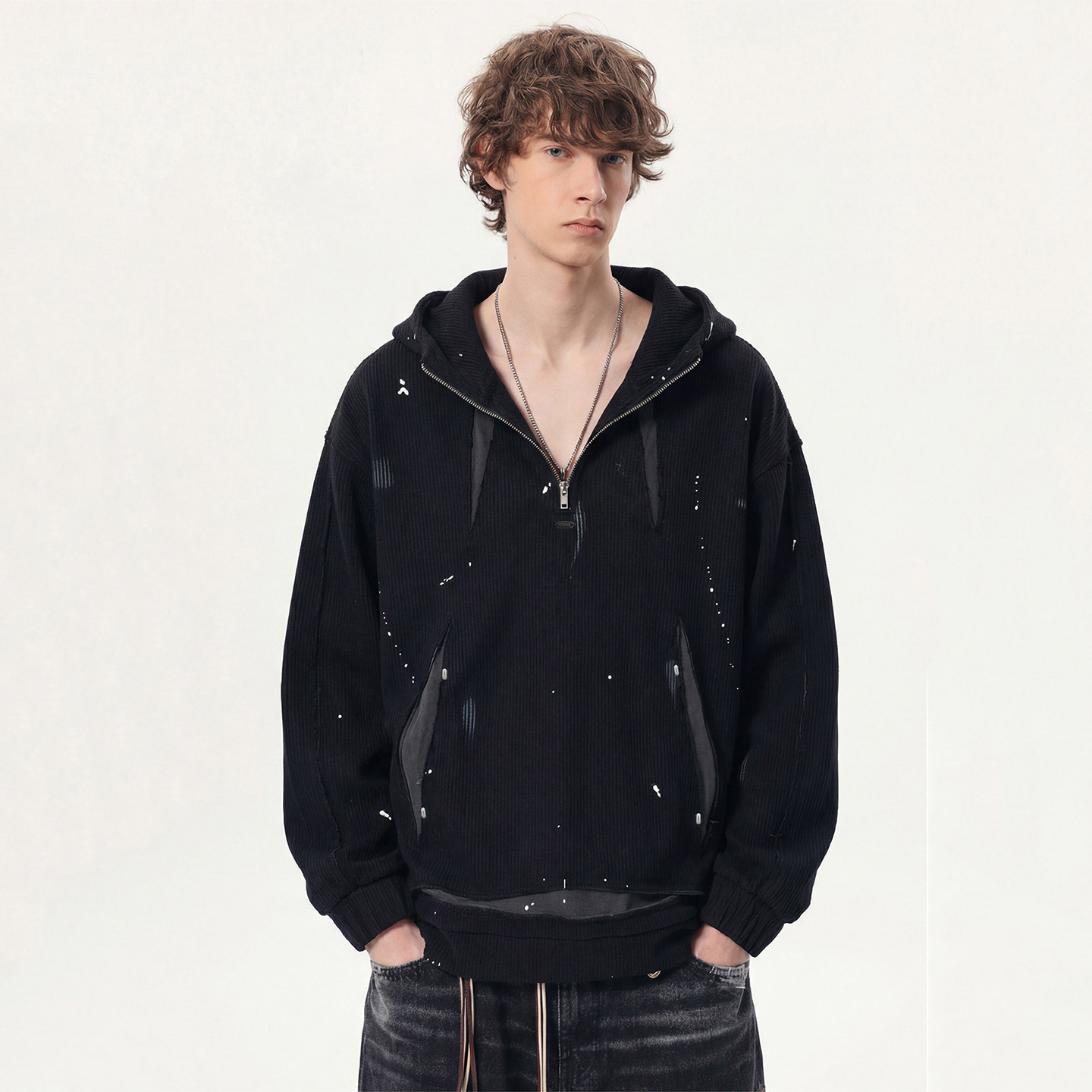 GENANX闪电潮牌半拉链连帽卫衣男2026春季新款加绒情侣帽衫上衣潮