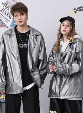 bt爱心小熊字母印花弹力收口袖银灰色宽松夹克外套男女同款灰色