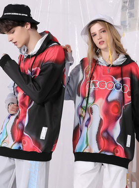 XXGOGO春秋季炫彩图案印花连帽宽松卫衣嘻哈街头男女同款黑红色
