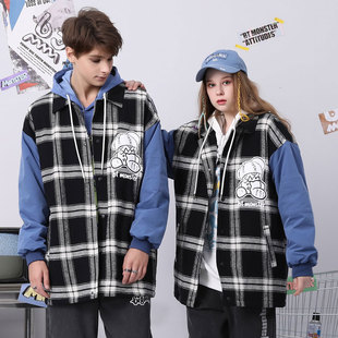 bt秋冬季异料拼袖黑白格纹大齿怪印花收口袖宽松夹克外套男女同款