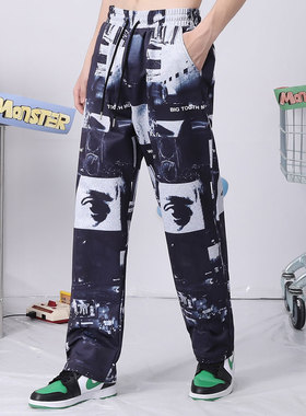 bt春秋季炫彩满印字母涂鸦宽松直筒宽松休闲裤男女同款灰蓝色情侣