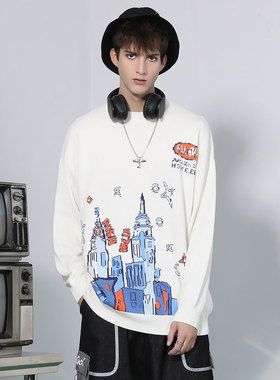 GENANX闪电潮牌新款ins风印花百搭宽松落肩袖白色情侣毛衣针织衫