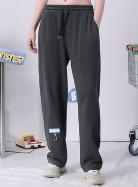 bt春秋季涂鸦印花弹力绳贴标宽松纯棉系带运动休闲裤男女同款灰色