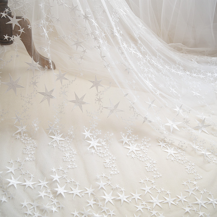星星刺绣蕾丝花边辅料高档婚纱礼服面料服装饰衣服diy布料象牙白