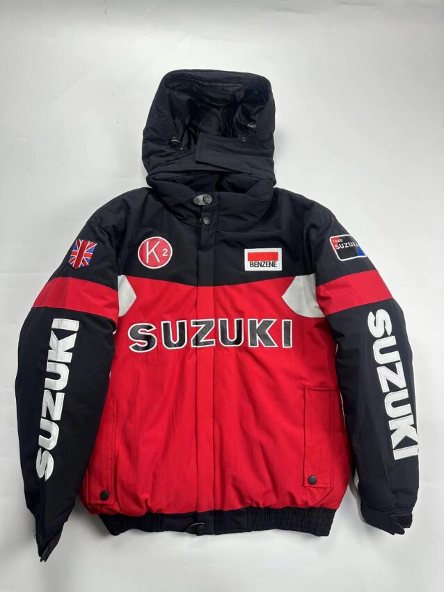 外贸男士冬日系复古撞色字母刺绣赛车服机车服防寒保暖棉衣骑行服