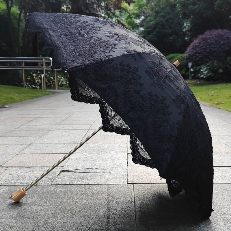 米白色蕾丝刺绣花边太阳伞黑胶防紫外线防晒遮阳晴雨两用二折洋伞
