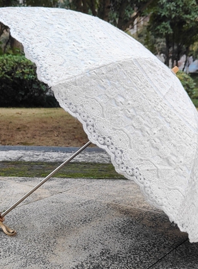 米白色复古典蕾丝刺绣花太阳伞黑胶防紫外线防晒遮阳晴雨两用洋伞