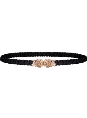 玫瑰头黑色暗纹真丝可调节松紧简约褶皱花朵优雅图案休闲细腰带