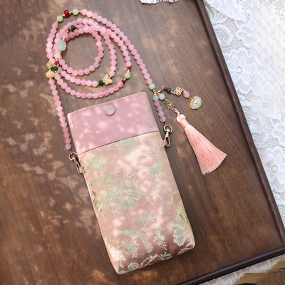 喜上枝头灰粉色新中式珠链手机包复古包拼色单肩斜挎包轻便携包