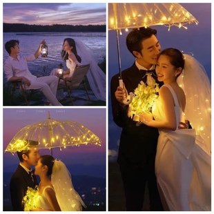 影楼婚纱外景写真拍照装饰新娘手捧花带灯透明伞灯串夜景摄影道具