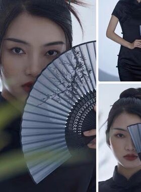 新中式国风复古风潮流旗袍扇子折扇山水扇走秀汉服黑色团扇小扇子