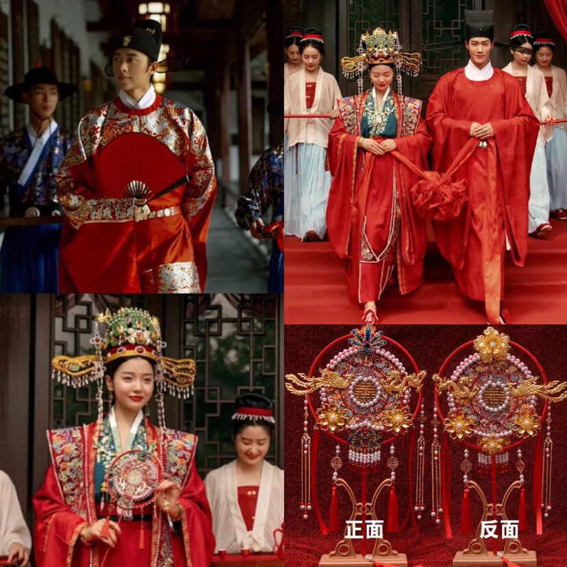 古装中式婚纱照摄影结婚礼喜扇明制汉服团扇高端长柄古风宫扇灯笼