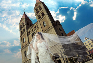 2018婚纱摄影道具白纱软纱新娘婚纱超长拖尾纱韩式 飘逸头纱一米