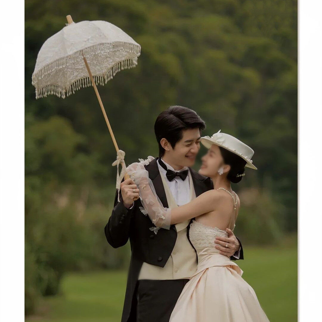 复古赫本风法式田园婚纱摄影主题道具 长柄古董伞 精致流苏蕾丝伞