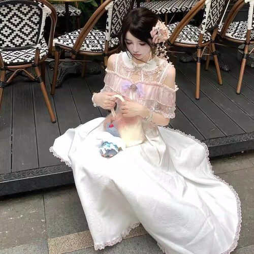 森女系原创想去海边 白桃微醺长款 娃娃领甜美清楚系lo裙连衣裙