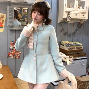 海盐蓝色毛呢外套裙 修身 森女系原创想去海边 甜点师