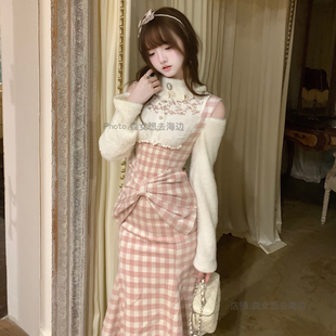 森女系原创想去海边 温柔清楚系日系连衣裙露肩粉格子 小镇甜妹