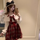 森女系原创想去海边 可爱甜美一字肩红格子连衣裙 暖色圣诞