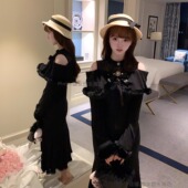 清楚系黑色修身 森女系原创想去海边 温柔胶片 连衣裙日系甜妹