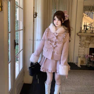 森女系原创想去海边 日系粉毛呢短外套半裙可爱蝴蝶结 草莓期限