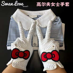 新款高尔夫手套女kity猫蝴蝶结透气手套防滑耐磨全指露指双手女