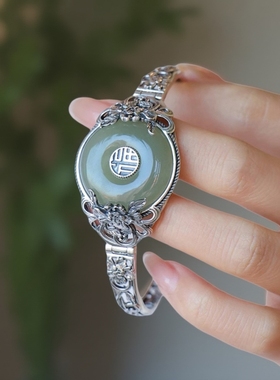 S925银复古做旧福字平安扣牡丹花手镯女中国风高级感开口手环手链