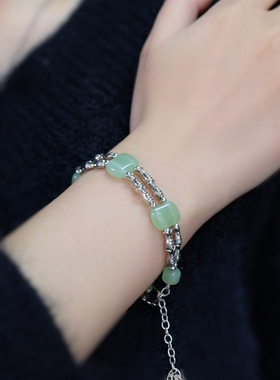 S925银复古双层鱼纹珠玉牌手链