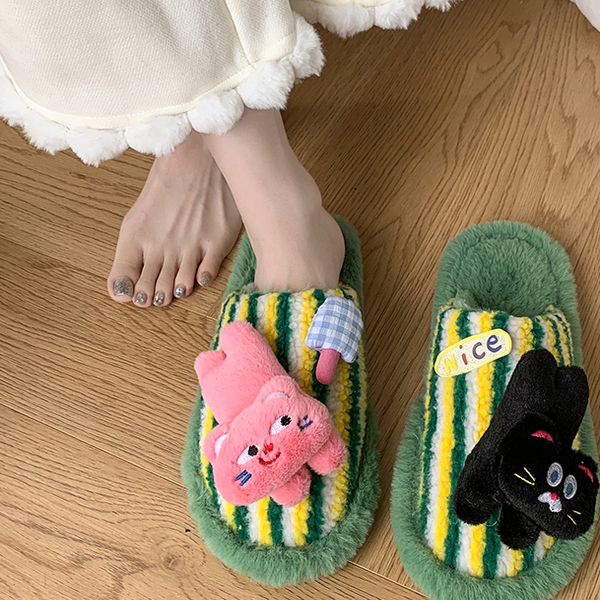 冬毛毛拖鞋室内情侣撞色条纹软底防滑包头保暖软萌个性小猫棉拖鞋