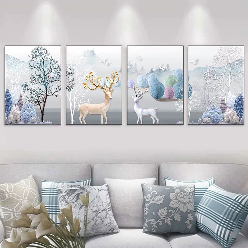 现代客厅装饰画北欧简约轻奢四联挂画卧室书房办公室墙面壁画麋鹿图片