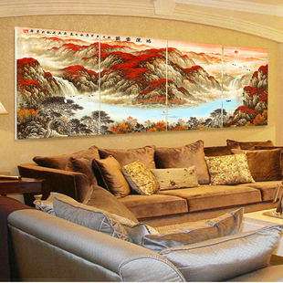 客厅装饰画沙发背景墙画办公室公司厅堂壁画红日流水靠山招财四联