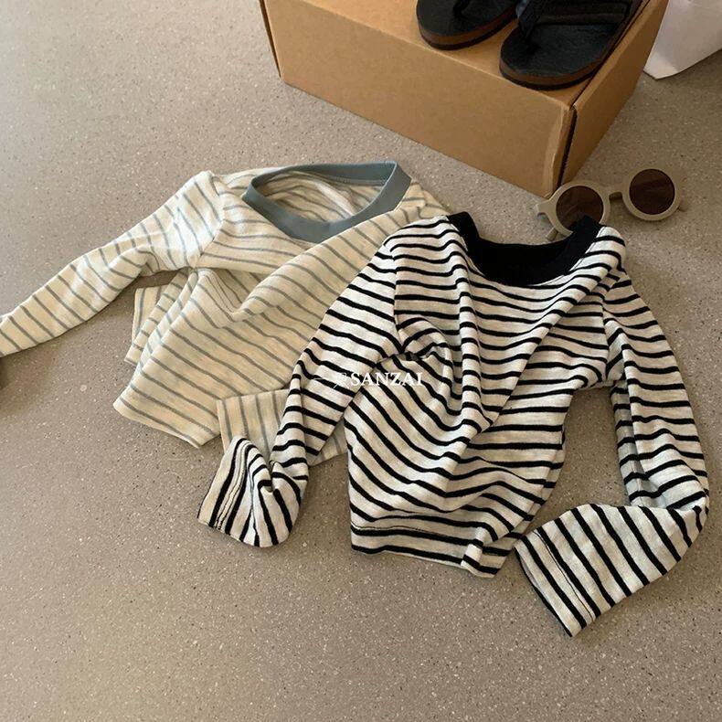 女童春秋经典款条纹长袖T恤女宝宝百搭圆领打底衫时尚休闲上衣