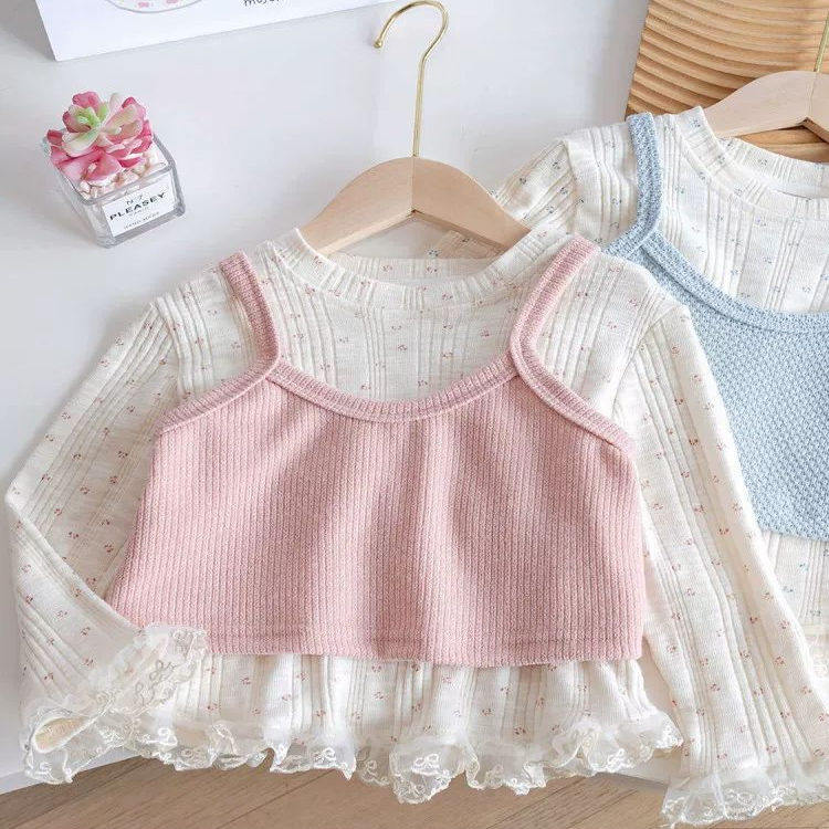 女孩春装套装2025新款女童洋气针织吊带宝宝碎花蕾丝打底衫俩件套