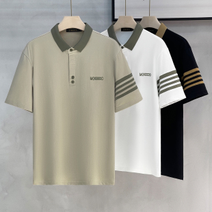 潮流2025新款 T恤男春季 修身 条纹拼接时尚 翻领体恤 POLO衫 男装 短袖