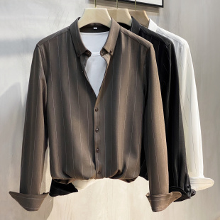 韩版 免烫提花寸衫 高级感轻条纹衬衣加绒加厚 男长袖 2025春秋衬衫