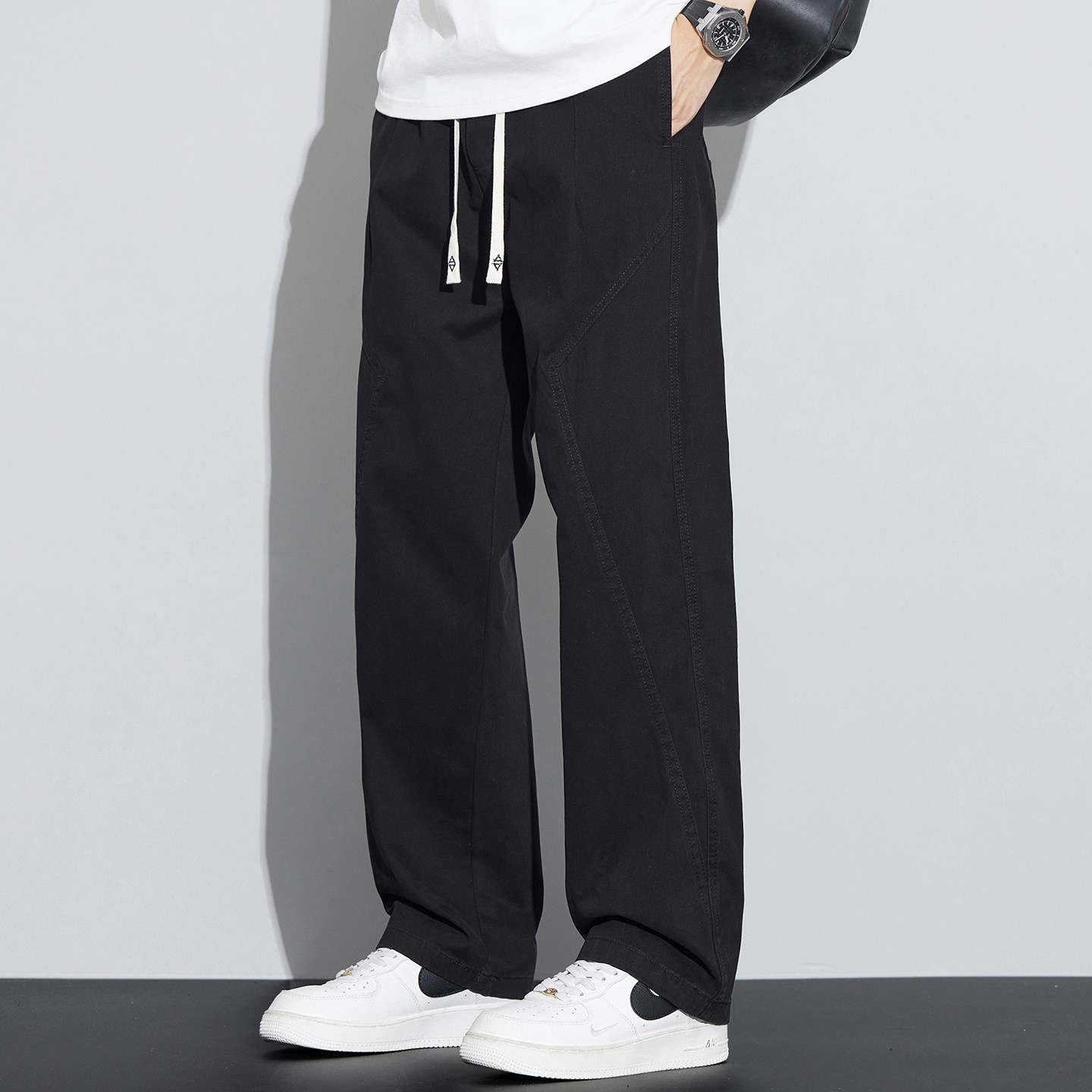 春夏款宽松直筒裤子男垂感舒适抽绳休闲裤