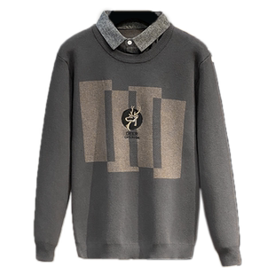 男士假两件套针织衫上衣加绒加厚毛衣男衬衫领外套秋冬2025新款潮